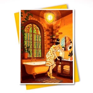 Illustrated birth card of mother and child, Poetic maternity card to frame, Children&#39;s room illustration Yellow envelope