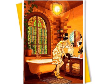 Handmade greeting card, autumn illustration, orange envelope