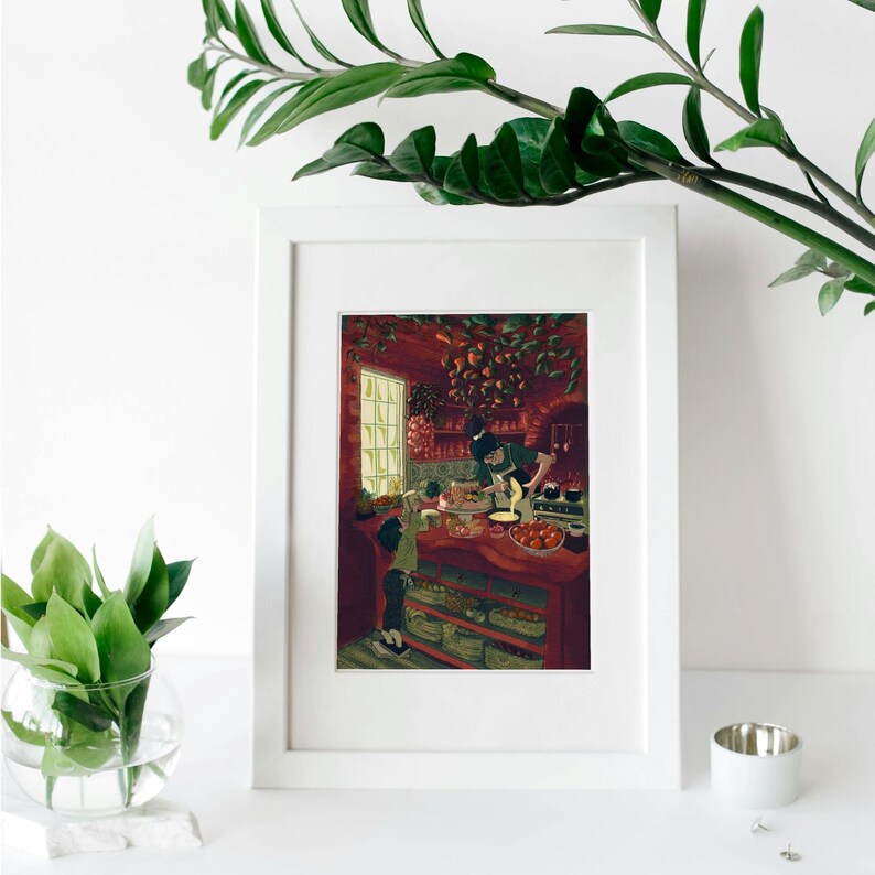 Handmade greeting card, burgundy card, "In the kitchen" vintage illustration with envelope image 13