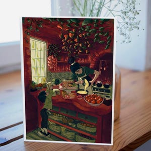 May include: Illustration of a kitchen scene with two people preparing food. The kitchen features a red countertop and shelves filled with produce. One person pours liquid from a pitcher, while the other reaches up. Green plants and a window are visible.
