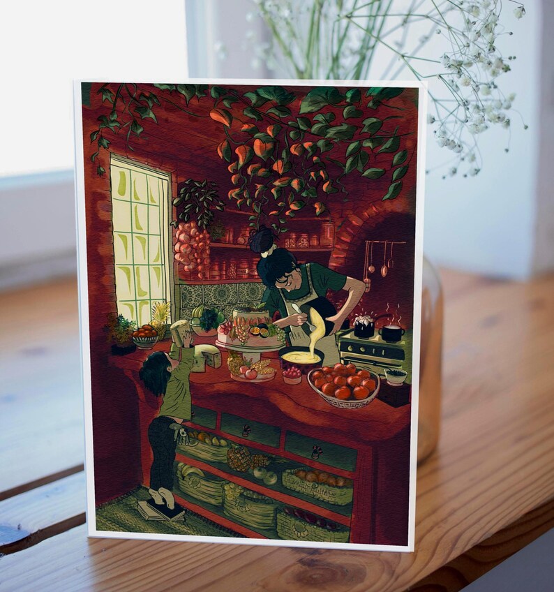 May include: Illustration of a kitchen scene with two people preparing food. The kitchen features a red countertop and shelves filled with produce. One person pours liquid from a pitcher, while the other reaches up. Green plants and a window are visible.