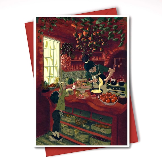 Carte de vœux fait main, carte bordeaux,"Dans la cuisine" illustration vintage avec enveloppe