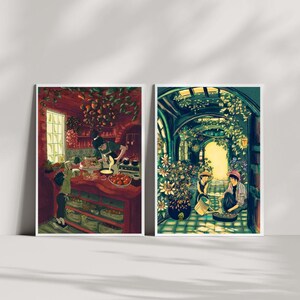 May include: Two framed art prints. One depicts a kitchen scene with a person preparing food, surrounded by produce. The other shows two people in a lush, plant-filled greenhouse, tending to flowers and plants. Both have a warm, inviting aesthetic.