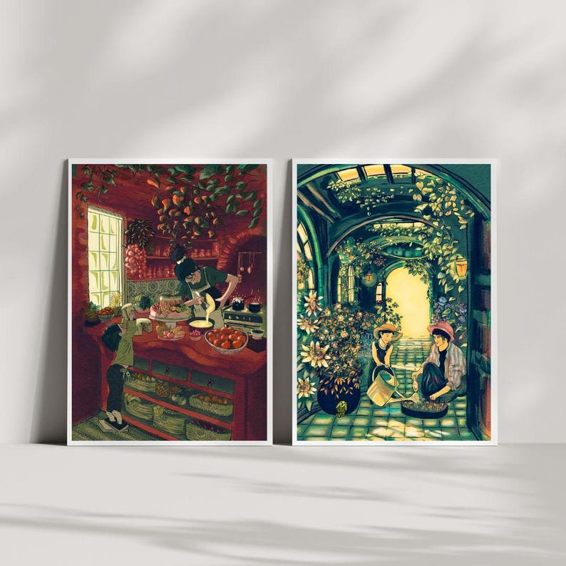 May include: Two framed art prints. One depicts a kitchen scene with a person preparing food, surrounded by produce. The other shows two people in a lush, plant-filled greenhouse, tending to flowers and plants. Both have a warm, inviting aesthetic.