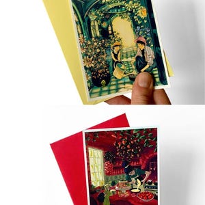 Handmade greeting card, burgundy card, "In the kitchen" vintage illustration with envelope image 14