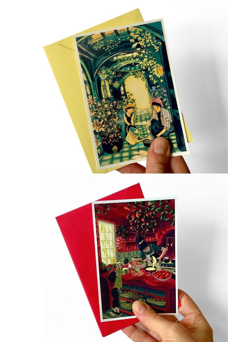 Handmade greeting card, burgundy card, "In the kitchen" vintage illustration with envelope image 14