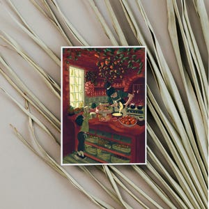 May include: An illustration depicts a cozy kitchen scene with a person cooking and a child reaching for food. The kitchen is filled with fruits and vegetables, with a red countertop and shelves. The artwork has a warm, inviting feel.