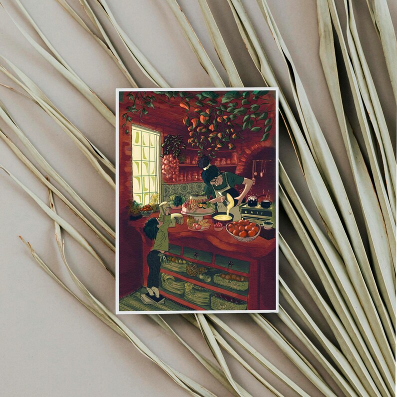 May include: An illustration depicts a cozy kitchen scene with a person cooking and a child reaching for food. The kitchen is filled with fruits and vegetables, with a red countertop and shelves. The artwork has a warm, inviting feel.