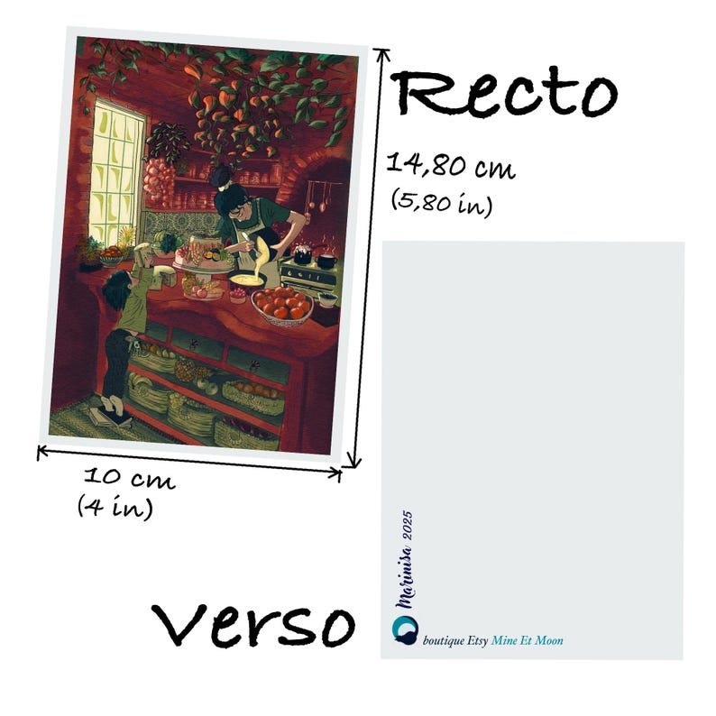 May include: A print featuring a cozy kitchen scene with two figures preparing food. The artwork, measuring 4 inches by 5.8 inches, showcases a warm color palette and detailed illustrations of cooking activities. The text "Recto" and "Verso" are visible.