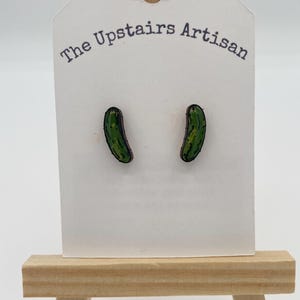 Dill Pickle Stud Earrings – 1/8” Baltic Birch Wood  Earrings Hand Painted, Hypoallergenic Posts