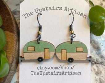 Green Camper Wooden Dangle Earrings