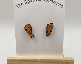 Buffalo Chicken Wing Wooden Stud Earrings Flats & Drums, Food Jewelry, Hand Painted Wood, Quirky Gift for Wing Lovers, Foodie Jewelry Gift