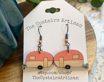 Pink Camper Wooden Dangle Earrings