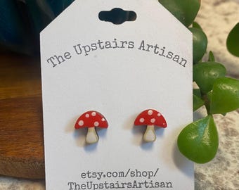 Red Mushroom Toadstool Wooden Studs, Hand Painted Birch Post Earrings, Cottagecore Boho Fungi Jewelry, Whimsical Woodland Nature Lover Gift