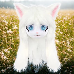 Plush Furry Cat Head Mask for Cosplay and Halloween, Soft Animal Mascot Mask for Costume Party, Kawaii Fursuit Accessory