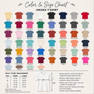 The image is a color and size chart for a unisex t-shirt, displaying various color options and corresponding measurements.