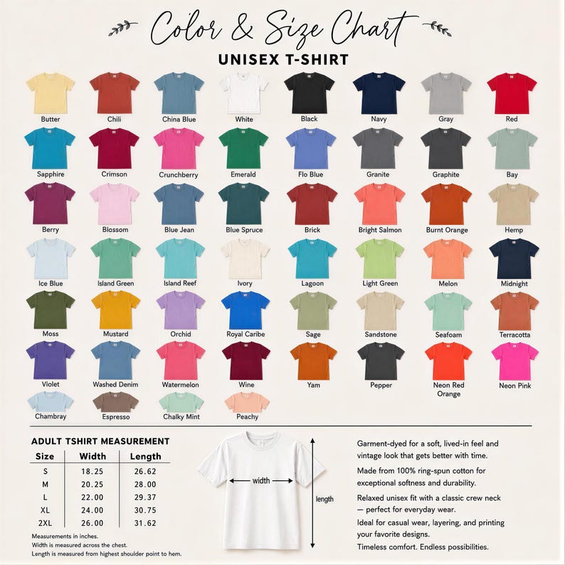 The image is a color and size chart for a unisex t-shirt, displaying various color options and corresponding measurements.