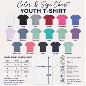 The image is a color and size chart for a youth t-shirt, displaying various t-shirt designs in different colors and sizes.