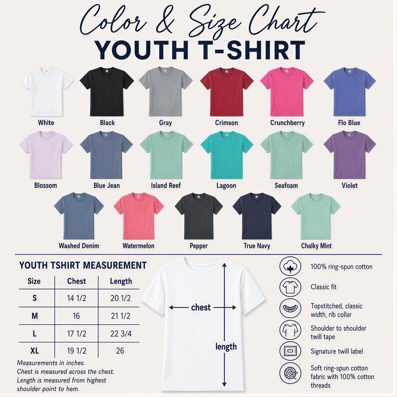 The image is a color and size chart for a youth t-shirt, displaying various t-shirt designs in different colors and sizes.