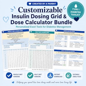 Customizable Insulin Dosing Grid & Dose Calculator Bundle | Type 1 Diabetes Excel Spreadsheet | Whole and Half Unit Versions