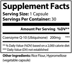 Pu&ograve; includere: Etichetta dei fatti nutrizionali con la dimensione della porzione, le porzioni per contenitore, la quantit&agrave; per porzione e altri ingredienti. Coenzima Q-10 (Ubiquinone) 200mg.  % del valore giornaliero (%VD) basato su una dieta da 2.000 calorie. Valore giornaliero (VD) non stabilito. Altri ingredienti: farina di riso, ipromellosa (capsula vegetale).