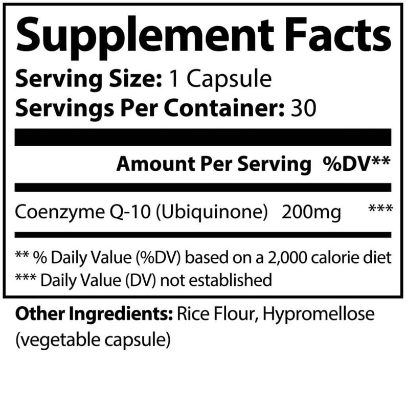 Pu&ograve; includere: Etichetta dei fatti nutrizionali con la dimensione della porzione, le porzioni per contenitore, la quantit&agrave; per porzione e altri ingredienti. Coenzima Q-10 (Ubiquinone) 200mg.  % del valore giornaliero (%VD) basato su una dieta da 2.000 calorie. Valore giornaliero (VD) non stabilito. Altri ingredienti: farina di riso, ipromellosa (capsula vegetale).
