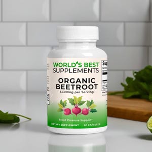 May include: White bottle of World's Best Supplements Organic Beetroot dietary supplement with a green label and a picture of three red beets. The label says 1,300mg per serving, Blood Pressure Support, and 60 capsules.