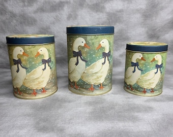 3 PC Nesting Metal Canister Set Goose Cottagecore Country Farmhouse Vtg 1980s