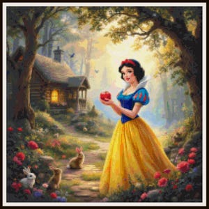Puede incluir: Patrón de punto de cruz de Blancanieves sosteniendo una manzana roja en un entorno forestal. Viste un corpiño azul, una falda amarilla y una diadema roja. Conejos y una cabaña también están en la escena, con un tema de cuento de hadas.
