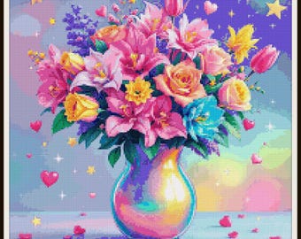 May include: A digital illustration of a vibrant bouquet of flowers in a pearlescent vase. The arrangement includes pink lilies, roses, and tulips, with accents of yellow and blue. Hearts and stars float around the vase, creating a whimsical and colorful scene.