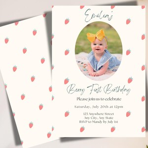 Convite de aniversário editável com morango, convite para festa de primeiro aniversário com frutas vermelhas, convite infantil personalizável, modelo Canva personalizado