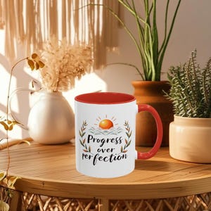 Progress Over Perfection Color Mug  Affirmation Coffee Cup, Mental Health Gift, Colorful Mindful Mug with Positive Quote (11oz, 15oz)