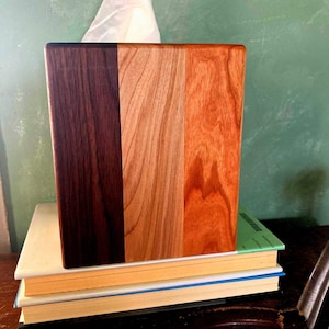 May include: A rectangular wooden tissue box with three vertical panels of different wood tones: dark brown, light brown, and reddish-orange. White tissues are visible at the top. The box rests on a stack of books.