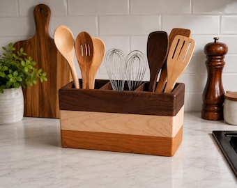 Handmade Striped Wood Utensil Holder, Maple Cherry Walnut Kitchen Organizer