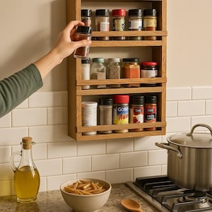 Oak spice rack three shelves, rustic wooden spice rack display rack kitchen spices storage rack organizer wedding gift