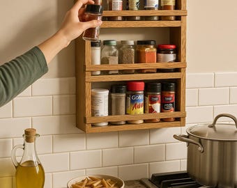 Handcrafted Oak Spice Rack: Three-Tier Rustic Kitchen Organizer