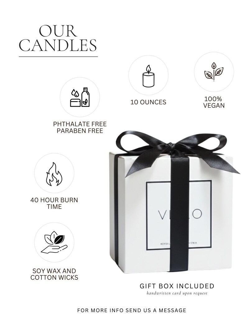 The image is a promotional image for candles, featuring a white box with a black ribbon and a candle inside. The text on the image includes details about the candles, such as their vegan status, the number of ounces, and the fact that they are soy wax and cotton wicks. The image also includes a gift box and a handwritten card for sending a message.