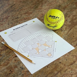Puede incluir: Una hoja de plan de juego de softbol con un lápiz y una pelota de softbol amarilla. La hoja del plan de juego tiene un diagrama de un campo de softbol y espacios para los nombres de los jugadores y el orden de bateo. La pelota es amarilla con costuras negras.
