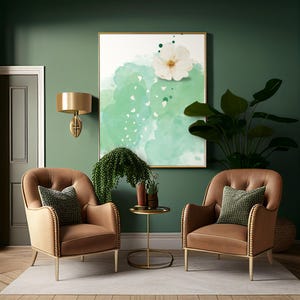 May include: A living room scene with two brown armchairs, each with a green patterned pillow. A gold side table holds vases. A large framed artwork features a white flower over a green watercolor design. A gold wall sconce and a large potted plant complete the decor.