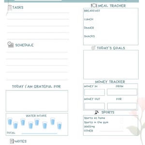 以下が含まれることがあります： 白地に水色のヘッダーが付いたデイリープランナー。プランナーには、タスク、スケジュール、食事トラッカー、目標、水分摂取量などのセクションが含まれています。また、お金のトラッカーとスポーツセクションもあります。ヘッダーには「DAILY PLANNER」と記載されています。