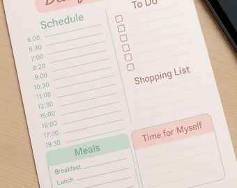 May include: A daily planner with sections for schedule, to do, shopping list, meals, and time for myself. The planner has a pink and green color scheme.