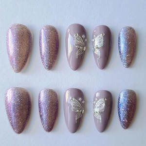 Reusable Press on Nails / Violet Press on Nails / Summer Nails / Spring Nails / Butterfly Nails / Luxury Fake Nail Set / Acryl Nails