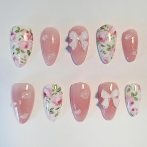 Rose Garden Nails | Pink Nails | Spring Flower Nails | Bow Nails | Shimmer Nails | Floral Press ons | Luxury Fake Nails | Coquette Nails