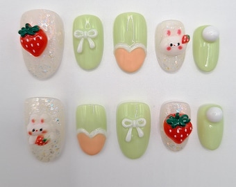 Ongles Lapin Fraise | Ongles Mochi Bunny | Ongles Kawaii pastel | Clous de lapin de Pâques | Clous de pique-nique | Ongles fraises 3D | Ongles de dessin animé