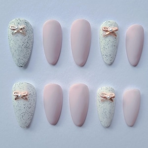 Bow Press Ons | Ballet Core Nails | Matte Pink Nails | Cute Bowknot Nails | Chic Press Ons | Confetti Nails | Bridal Press on Nails