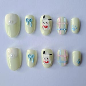 Unghie Pochacco / Unghie Sanrio / Unghie Pochacco Dog / Unghie Pastel Grid / Unghie Paw Print / Unghie ovali corte / Unghie a pressione Puppy Love