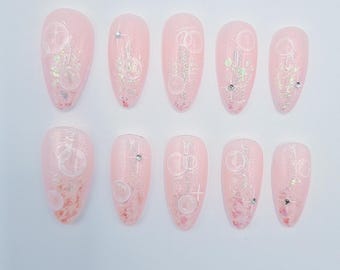 Pink Bubble Press on Nails | Pink Iridescent Nails | Fairy Dust Nails | Sequin Celestial Nails | Pink Milky Way Nails | Pink Starlight Nails