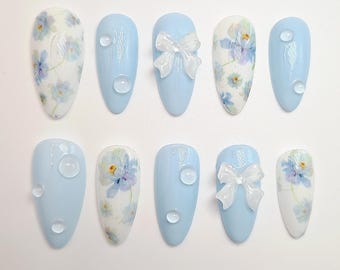 Baby Blue Floral Nails | 3D Dewdrop Nails | Bow Waterdrop Nails | Soft Blue Fake Nails | Blue Bloom Nails | Bluebell Press on Nails
