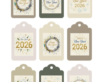 Printable 2026 New Year Gift Tags, Modern Gold and Beige Holiday Labels, Digital Download New Year Party Favors