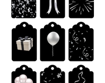 Celebration Gift Tags, Modern Black and Silver Labels, Digital Download. Print at home.